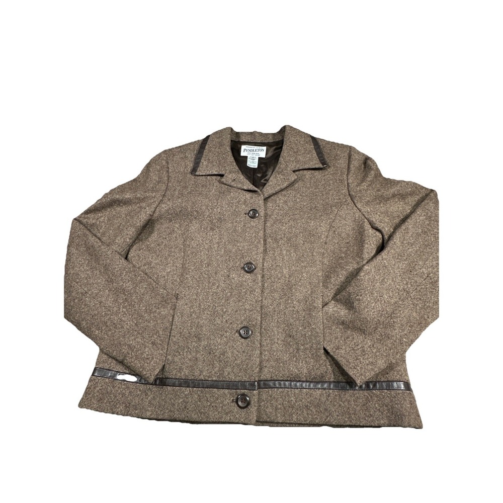Pendleton Women's  Wool Jacket Blazer‎ Leather Trim Brown size 8
